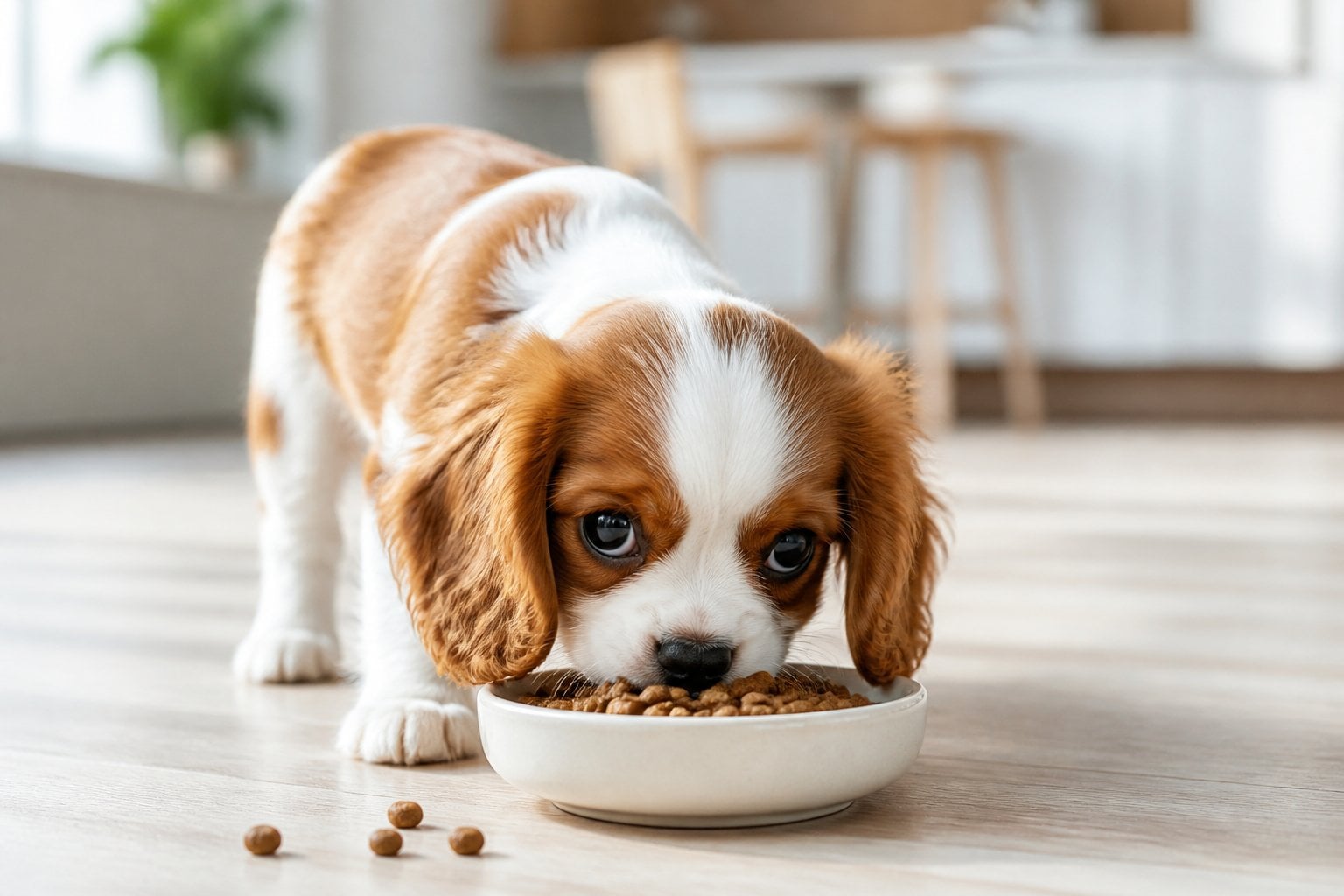 A healthy small-breed puppy eating kibble from a bowl in a bright home.