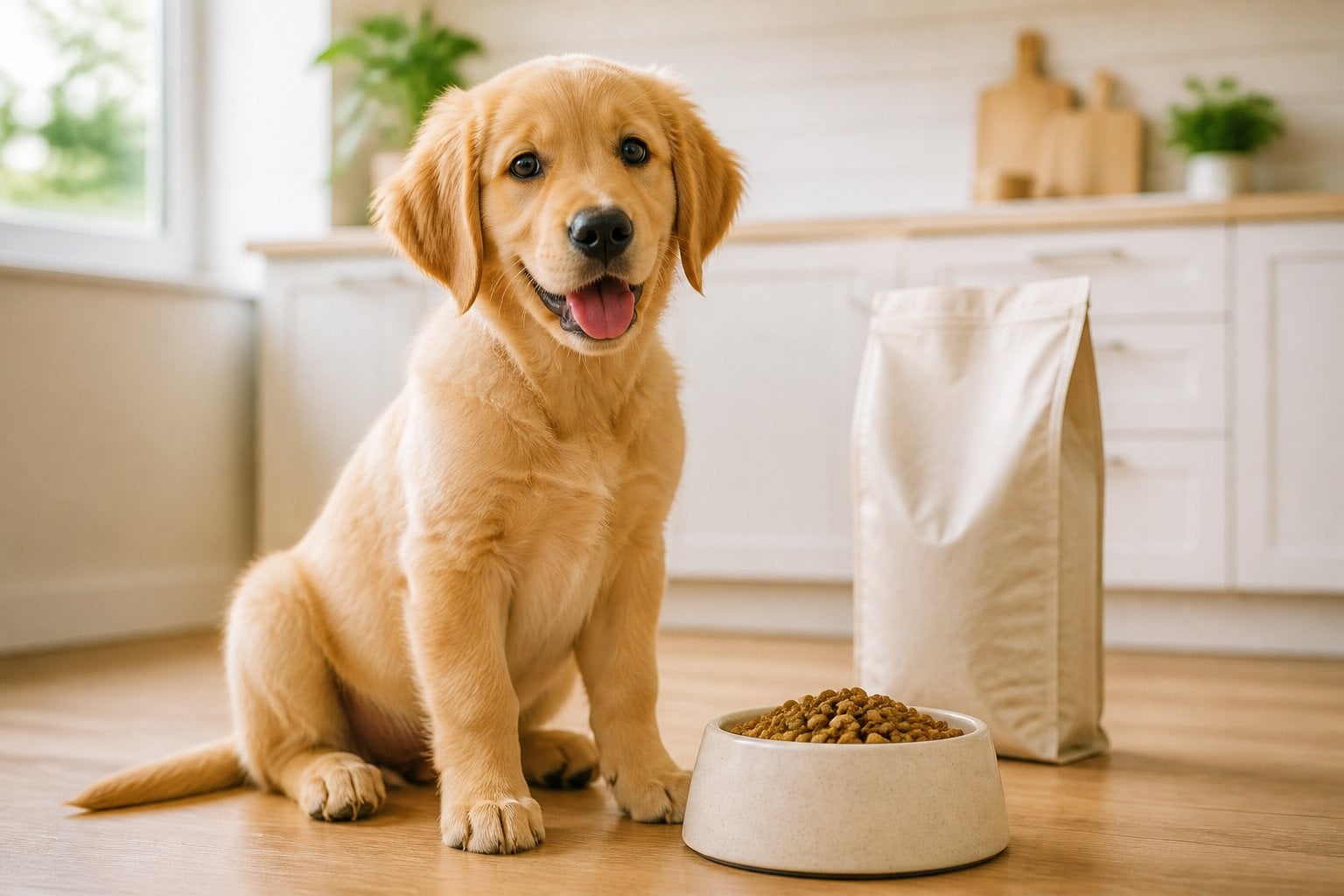 A golden retriever puppy sits beside a bowl of dry dog food in a bright kitchen.