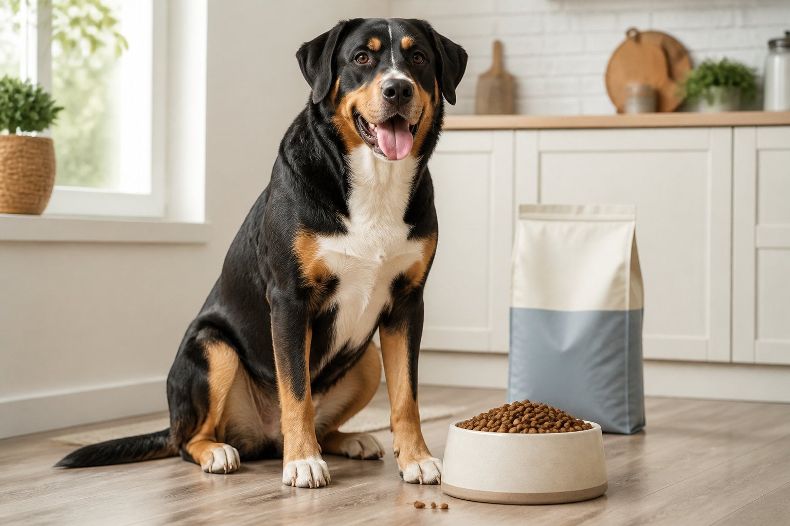 A healthy large dog sits beside a bowl of dry kibble in a bright kitchen.