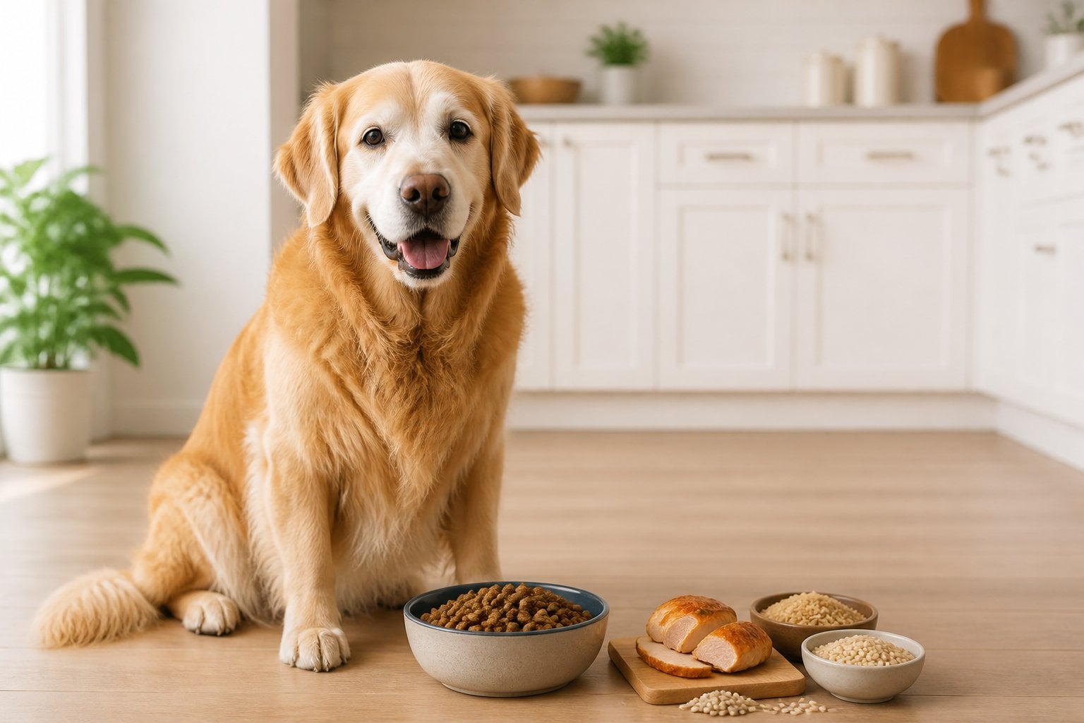 A healthy older dog sits beside a bowl of dry food in a bright kitchen.
