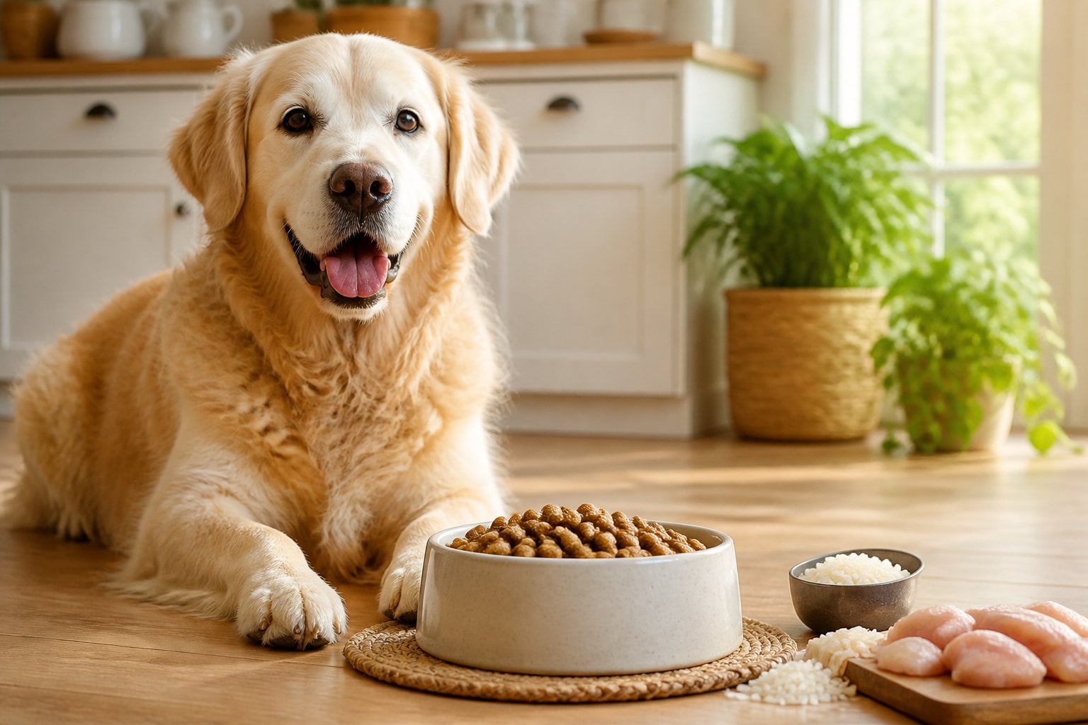 A healthy senior dog sits beside a bowl of chicken-and-rice kibble in a bright kitchen.