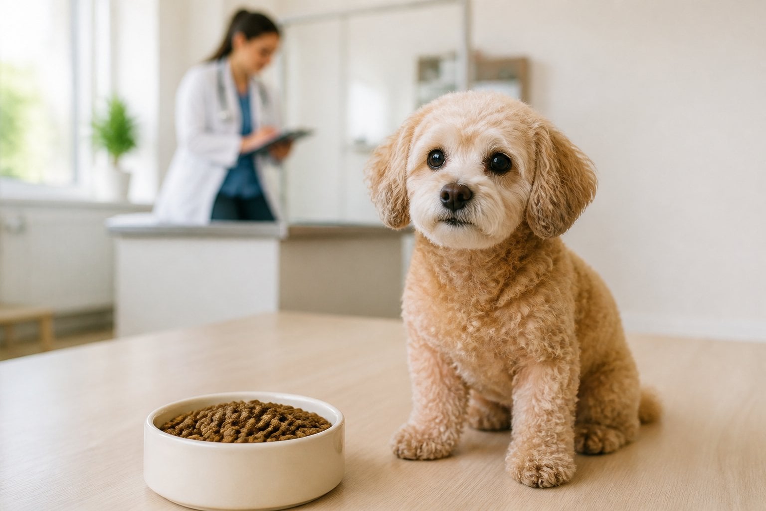A small senior dog sits beside a bowl of dry food in a clean veterinary setting.