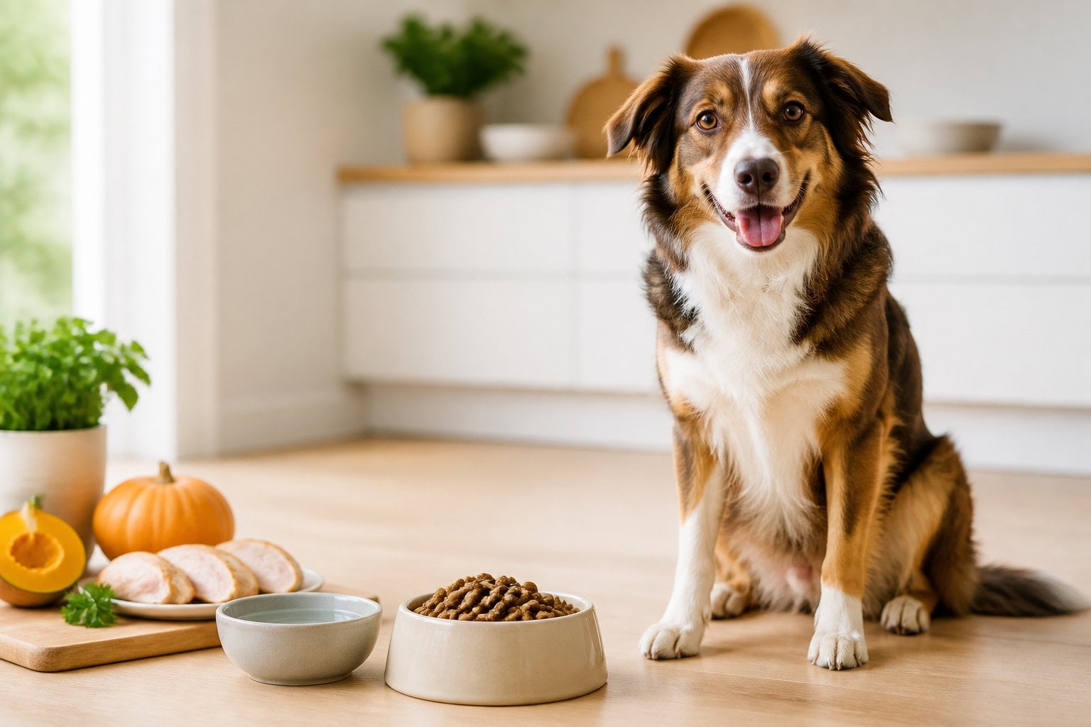 A healthy dog sits beside a bowl of chicken-flavored dry food in a bright kitchen.