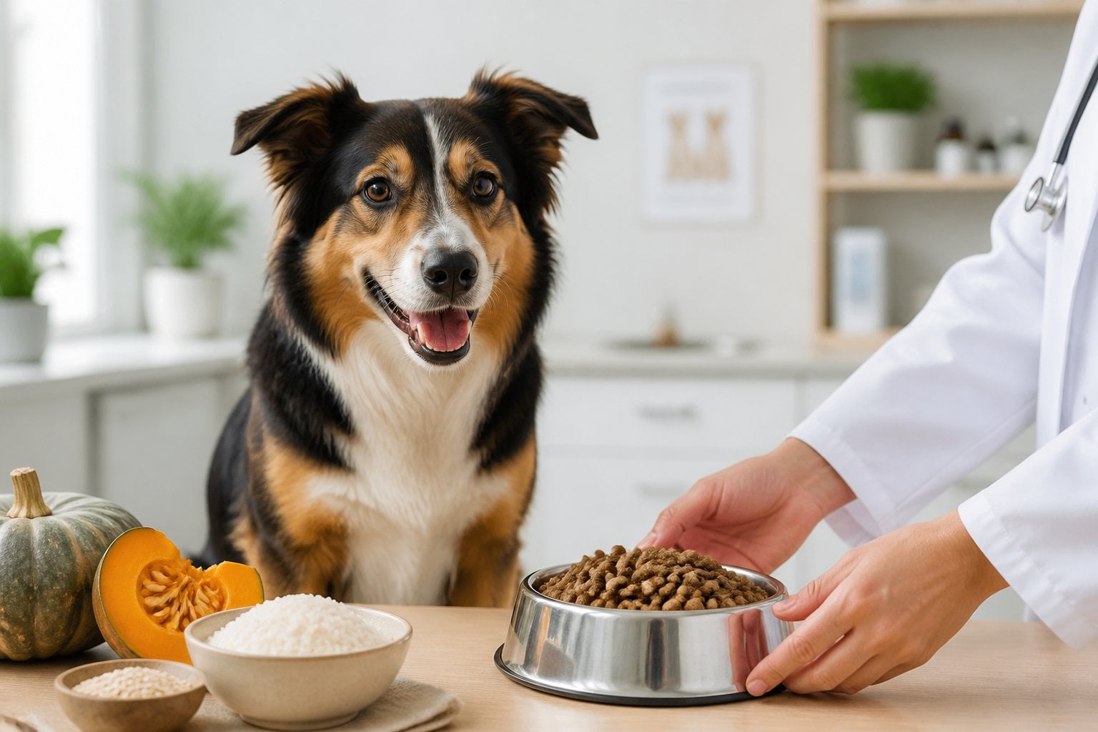 A healthy dog sits beside a bowl of dry food while a veterinarian places it on a countertop.
