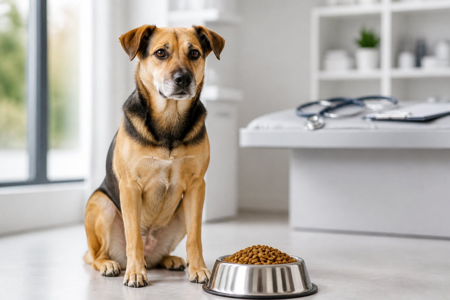 A healthy dog sits beside a bowl of dry food in a bright veterinary setting.
