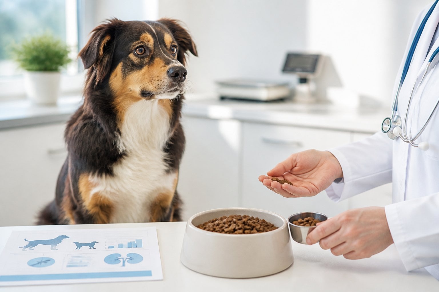 A healthy dog sits beside a bowl of dry food in a bright veterinary clinic.
