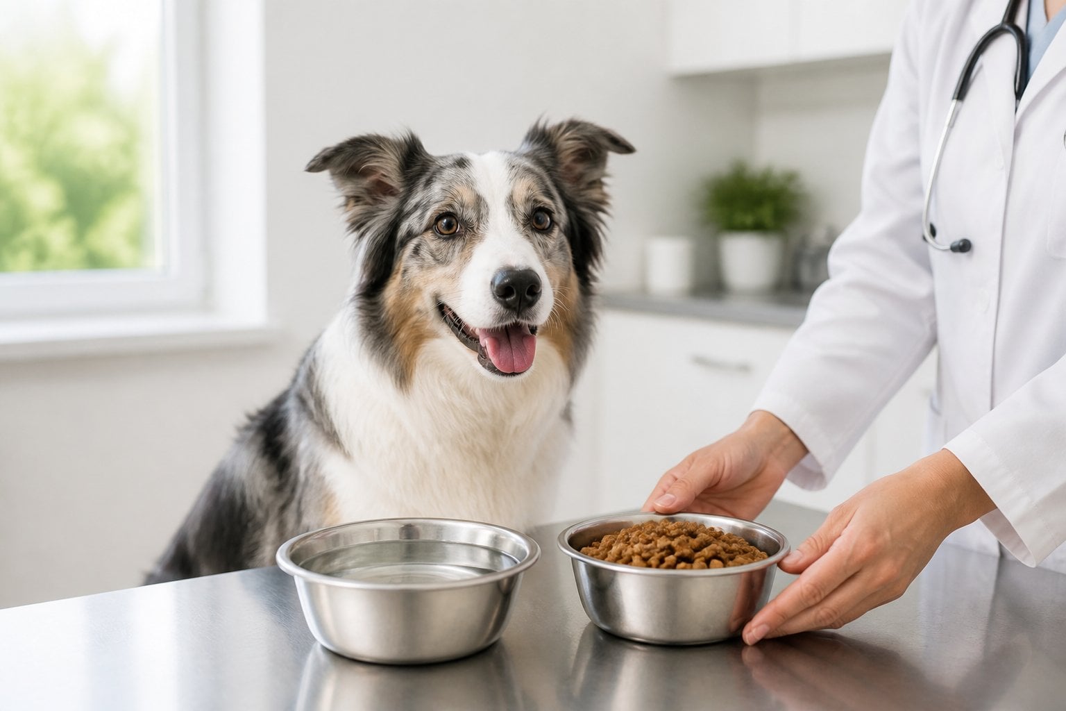 A healthy dog sits beside a bowl of food and water in a bright veterinary clinic.