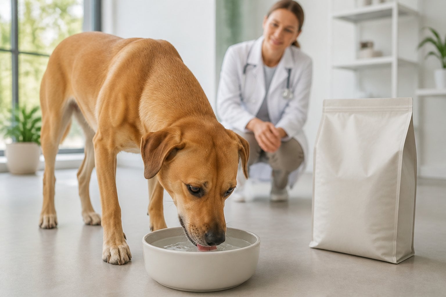 A healthy golden dog drinks water from a bowl while a veterinarian observes in the background.