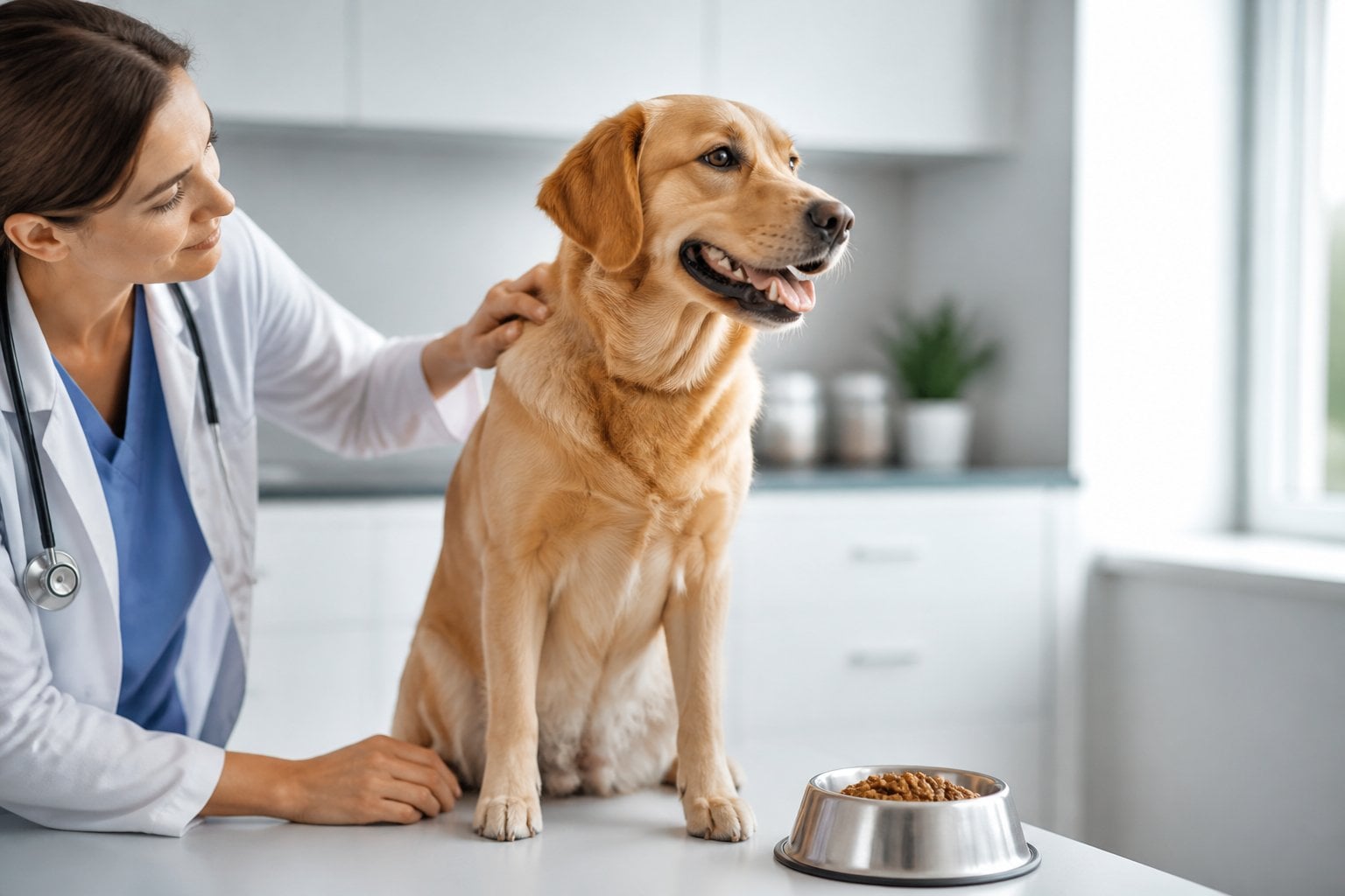 A healthy dog sits beside a food bowl during a veterinary nutrition consultation.