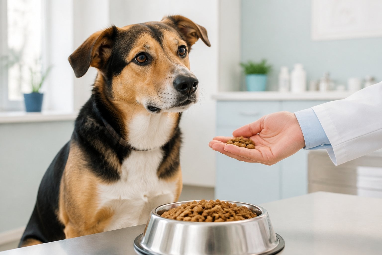 A healthy dog sits beside a bowl of veterinary diet kibble in a bright, clean setting.