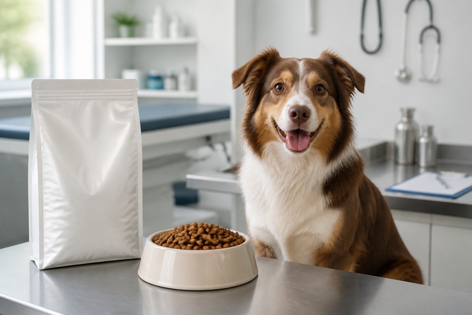 Healthy dog sitting beside a bowl of kibble in a veterinary clinic.