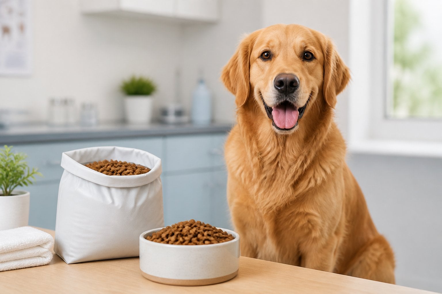 A healthy dog sits beside a bowl of dry food and an unbranded food container in a bright, clean setting.