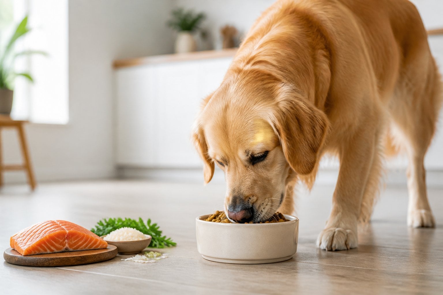 A healthy golden retriever eating salmon-colored kibble from a bowl beside salmon and rice.