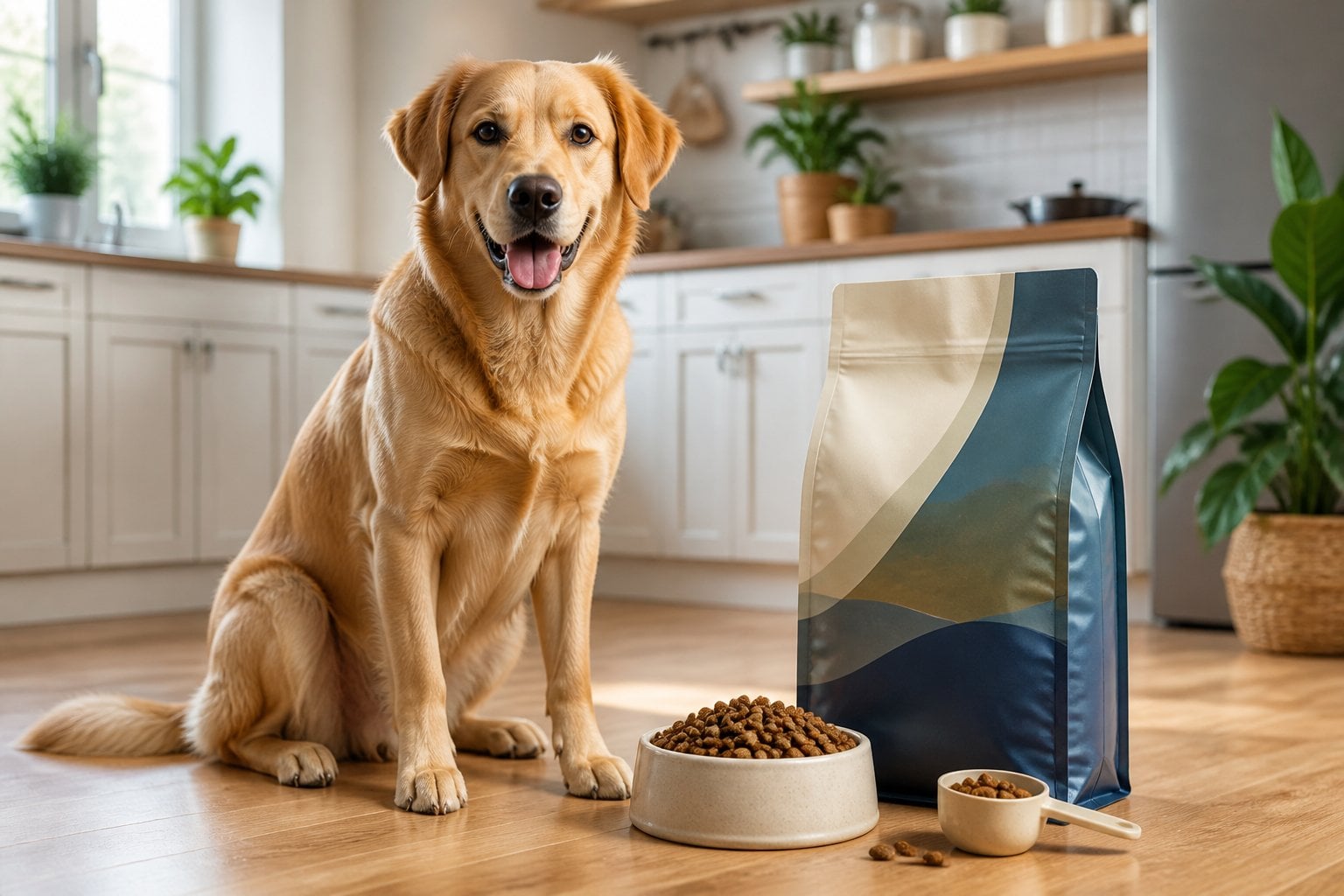 A healthy dog sits beside a bowl of dry kibble and an open bag of dog food.