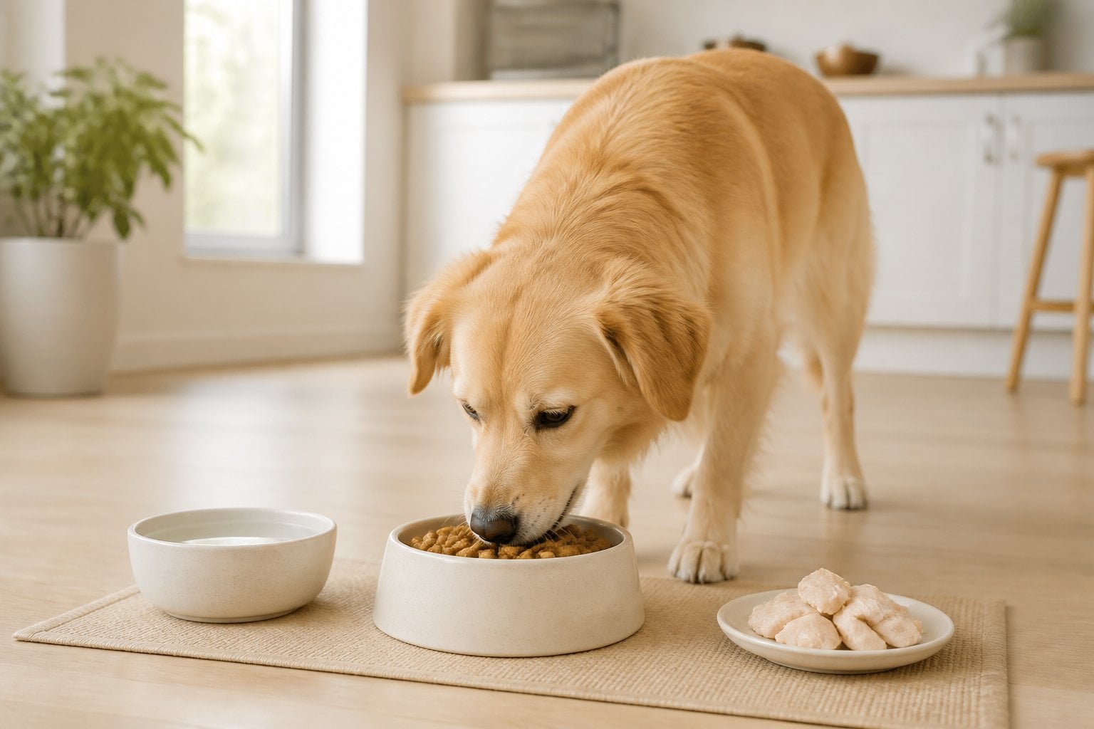 A healthy adult dog eating chicken-based dry food from a bowl in a bright home kitchen.