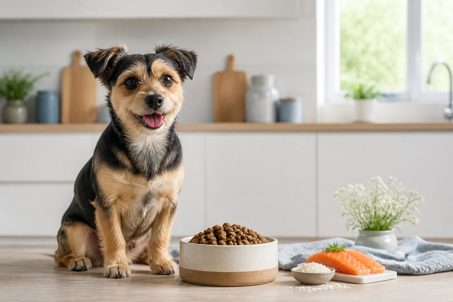 A small healthy dog sits beside a bowl of salmon-and-rice kibble in a bright kitchen.