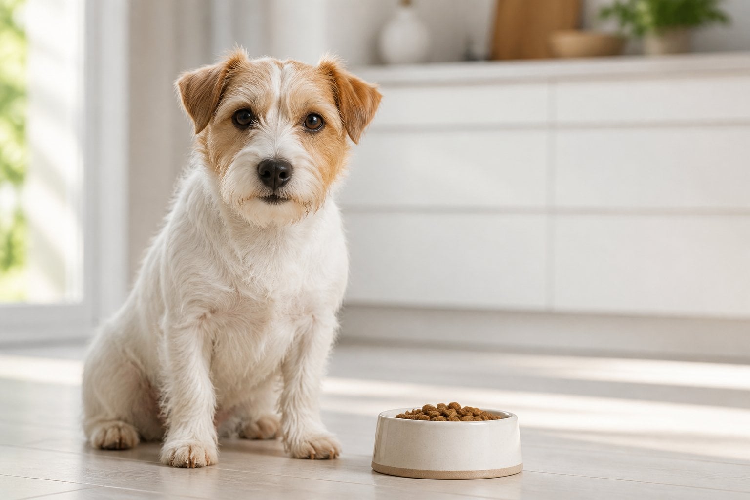 Small dog sitting beside a bowl of dry food in a bright kitchen.