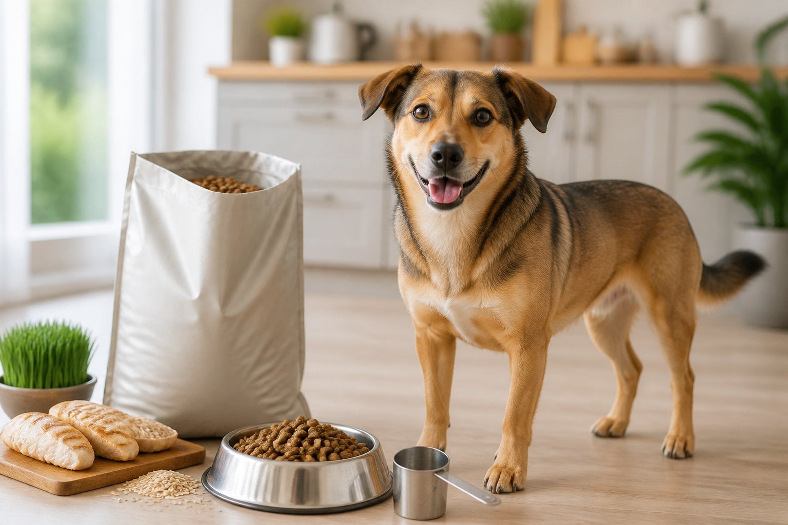 Healthy adult dog standing beside a bowl of dry food and a food bag in a bright kitchen.