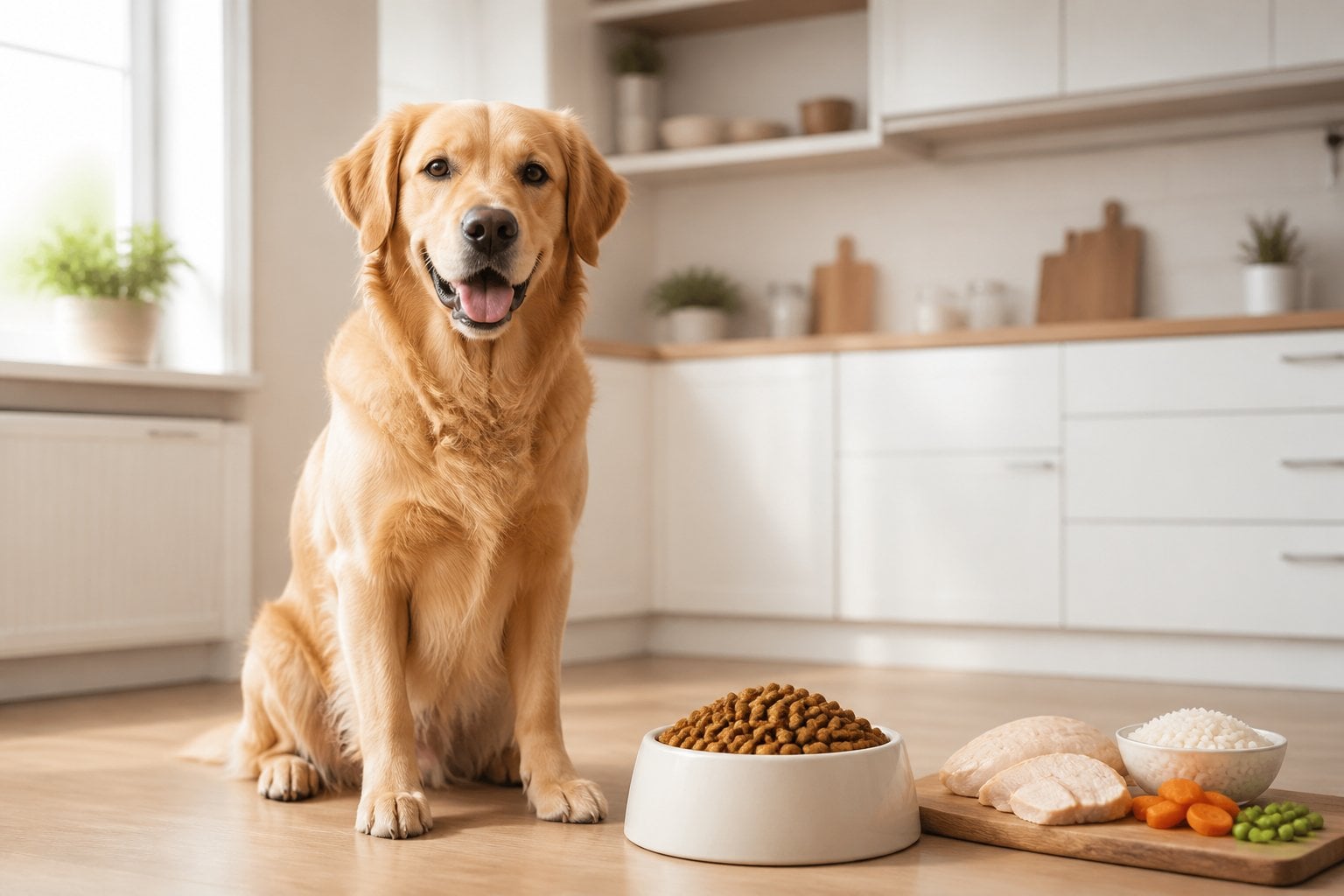 A healthy dog sits beside a bowl of dry kibble with chicken and rice nearby.