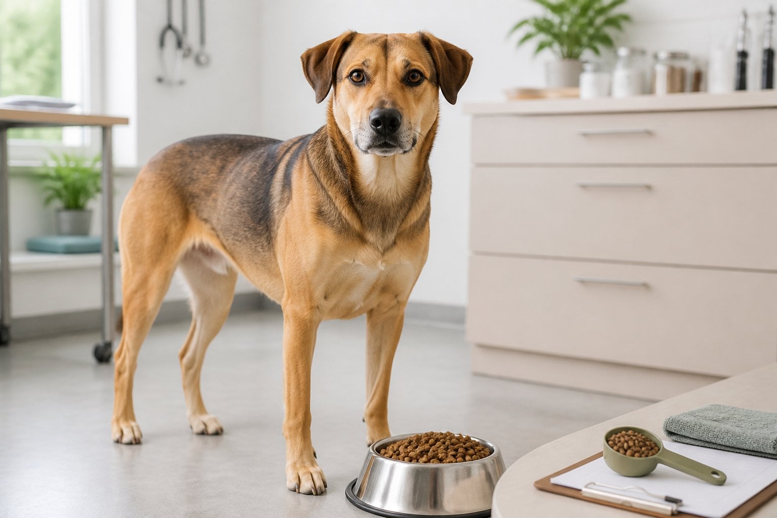 Healthy dog standing beside a bowl of measured dry food in a bright veterinary care setting.