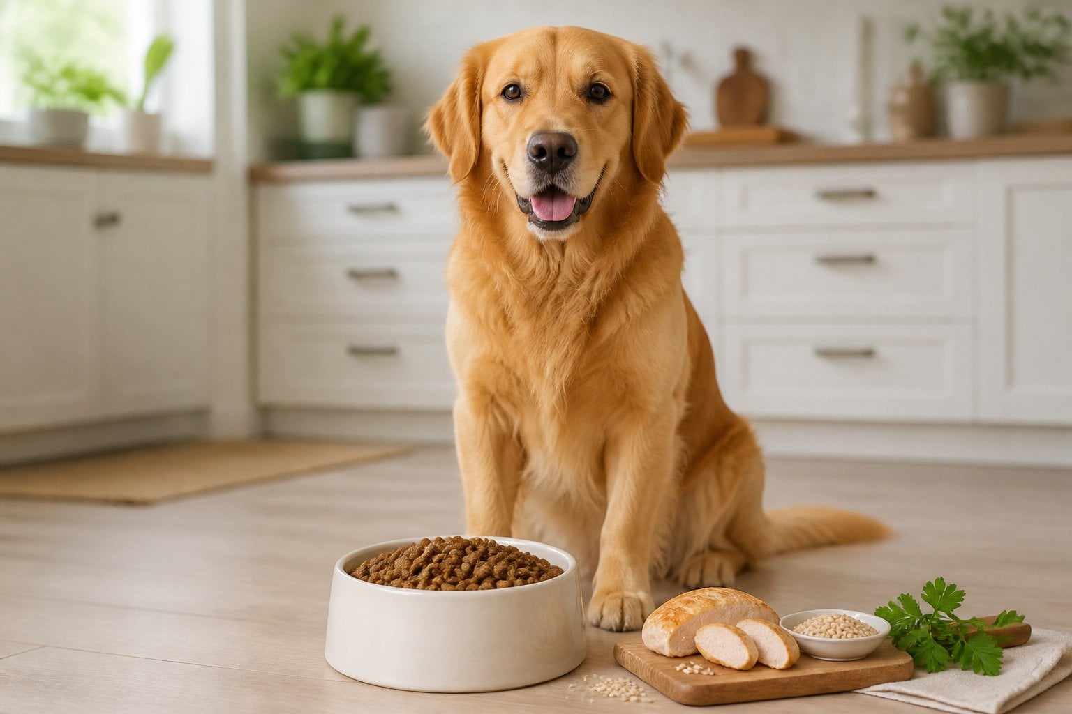 A healthy large-breed dog sits beside a bowl of dry kibble with chicken and barley ingredients nearby.