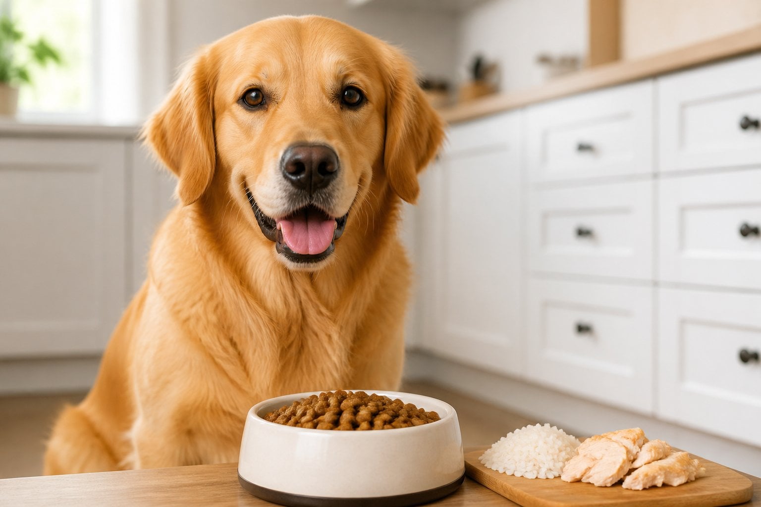 Healthy adult Golden Retriever beside a bowl of dry dog food in a bright kitchen.