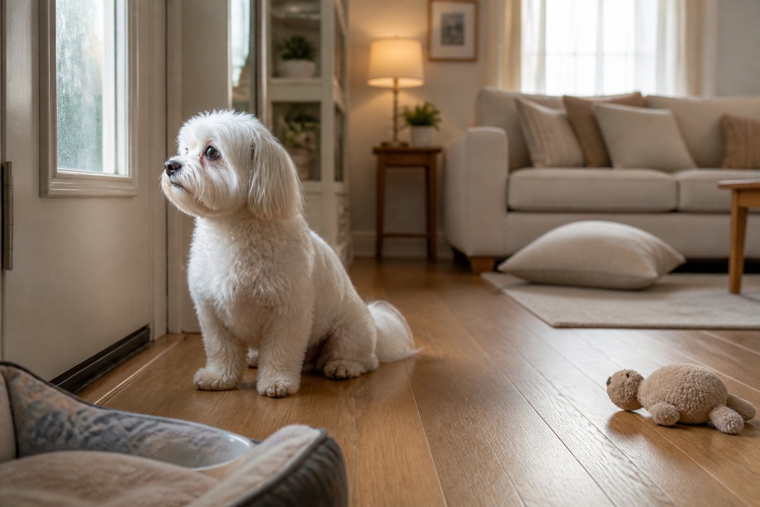 A small Maltese dog sits alone near the front door of a quiet living room.