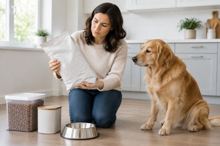 A dog owner examines a bag of dog food while a dog sits nearby.