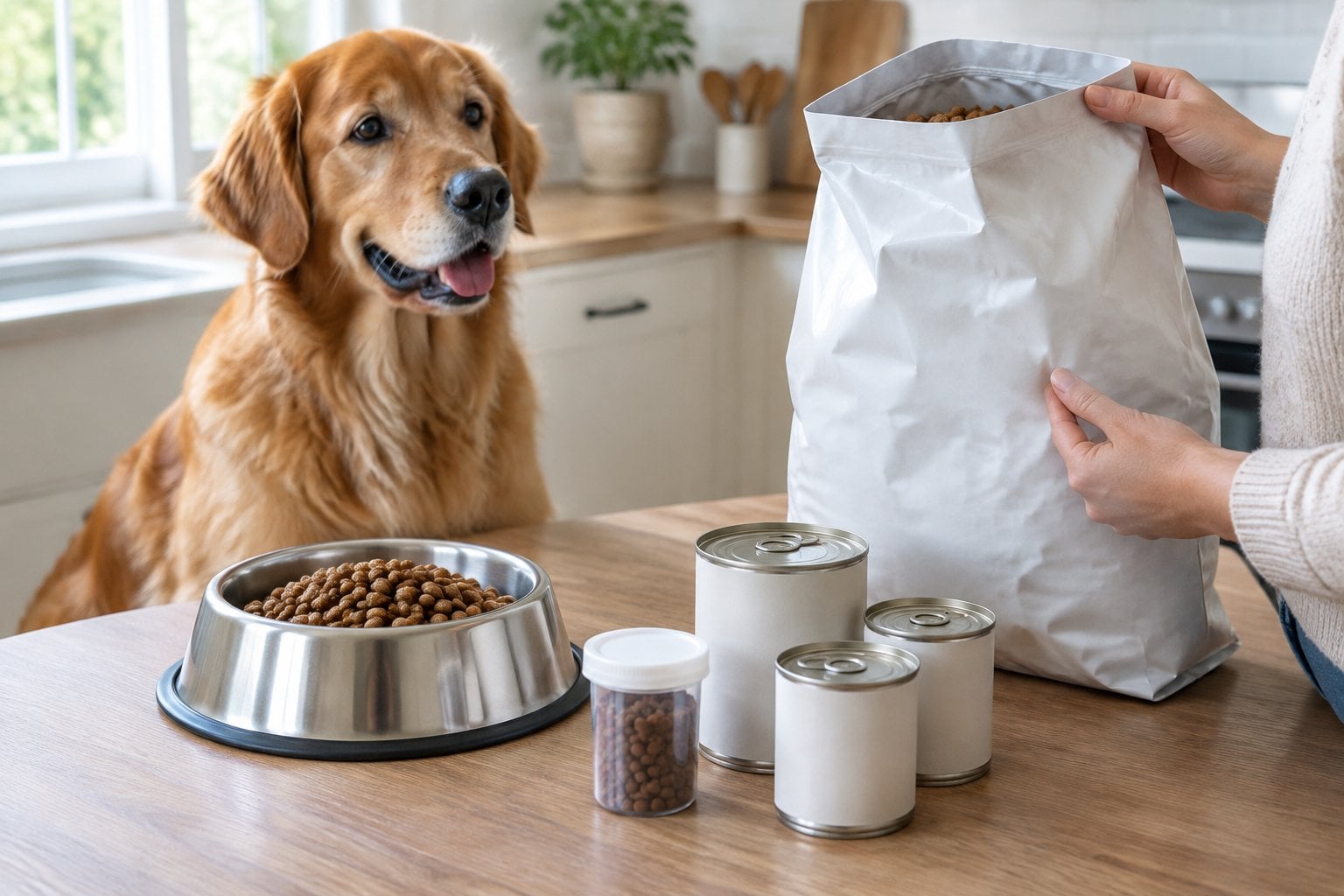 A dog sits beside a bowl of kibble while someone checks a bag of dog food.