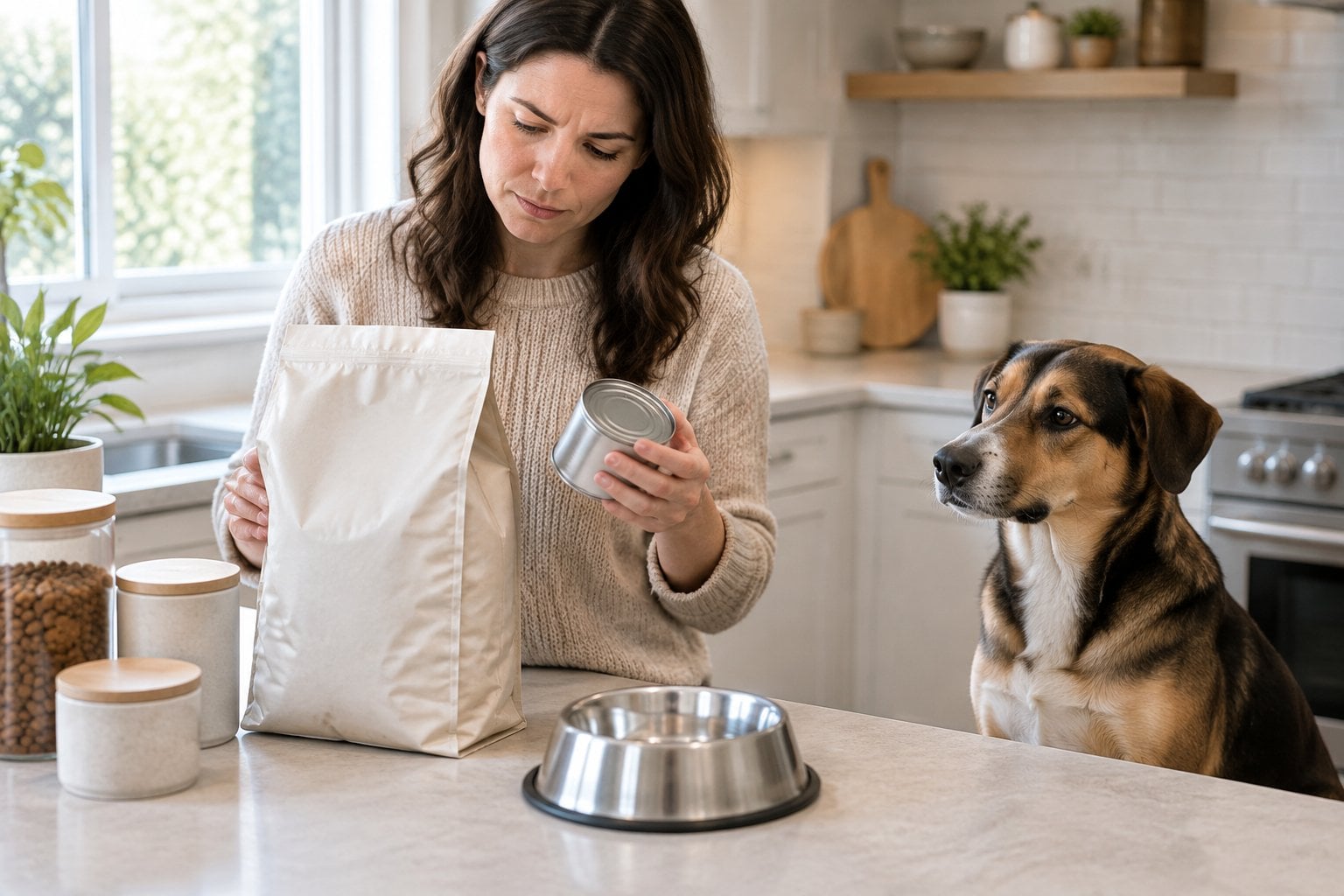 A pet owner checks an unmarked dog-food can beside a dog waiting near its bowl.