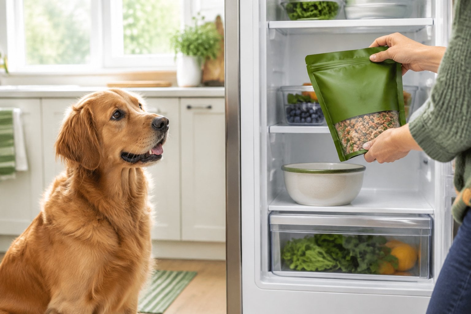 A dog sits beside a bowl while a person checks a pouch of dog food.