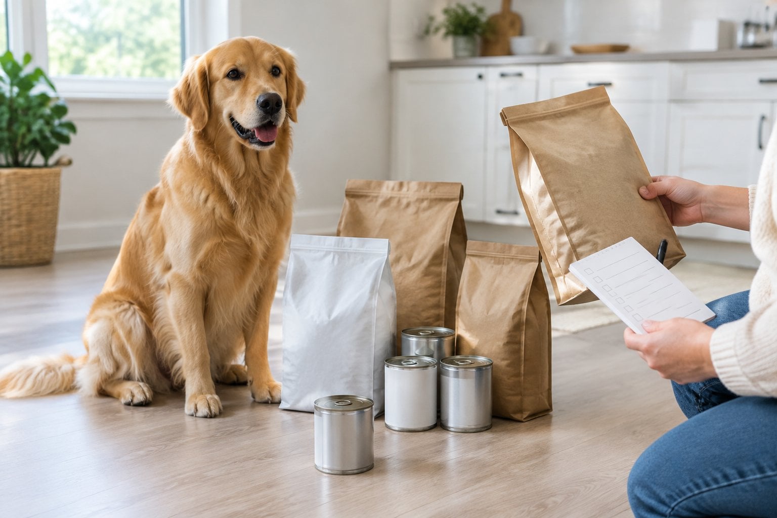 A dog sits beside pet food packages while a person inspects one.