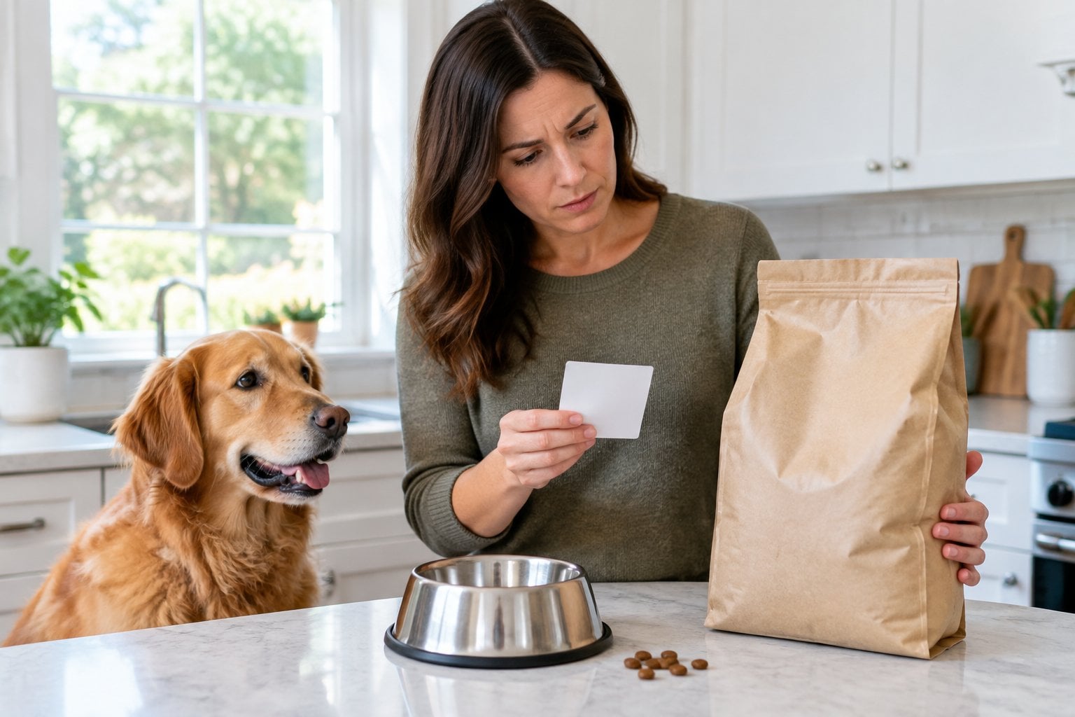 A concerned dog owner examines a bag of dog food while a dog waits beside a bowl.