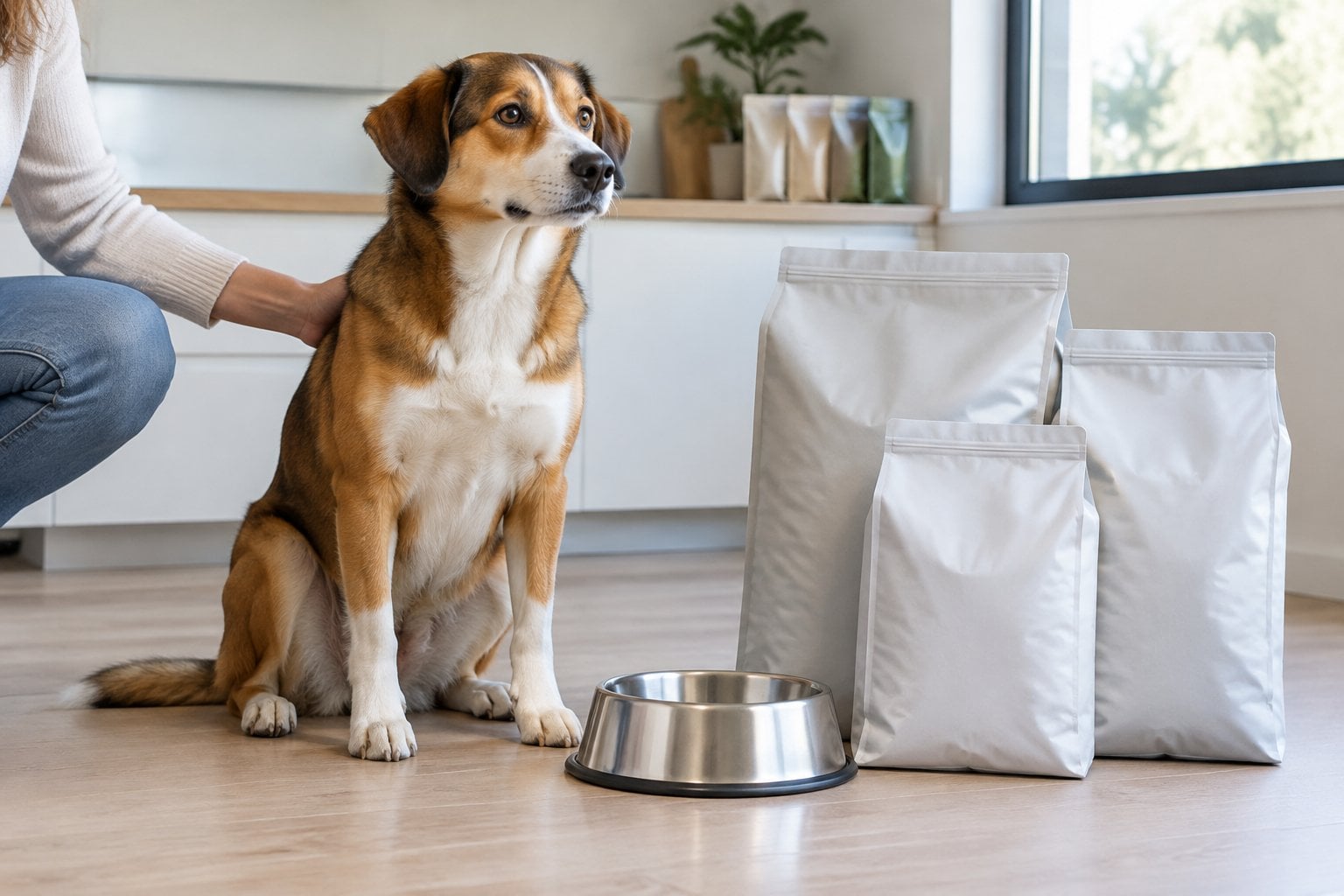A dog sits beside plain pet-food bags and a bowl while an owner rests a hand nearby.