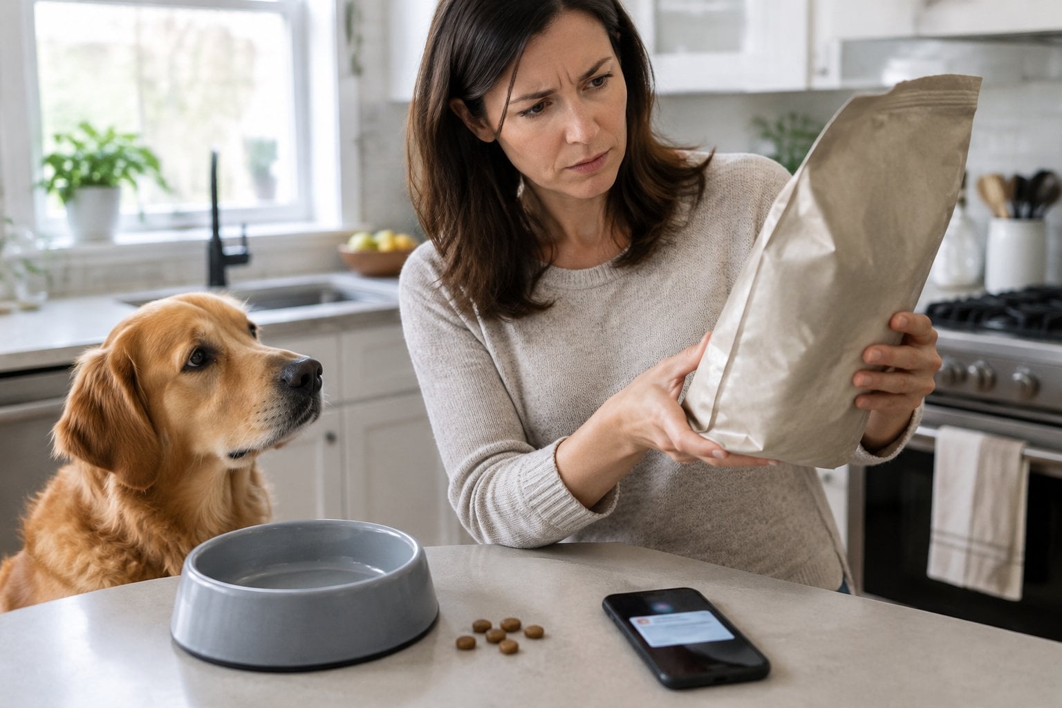 A dog owner examines a bag of dog food while a dog waits beside an empty bowl.