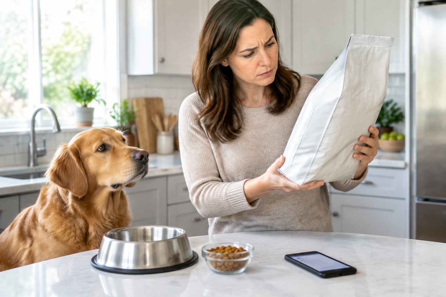 A dog owner checks a bag of dog food while a dog waits beside its bowl.
