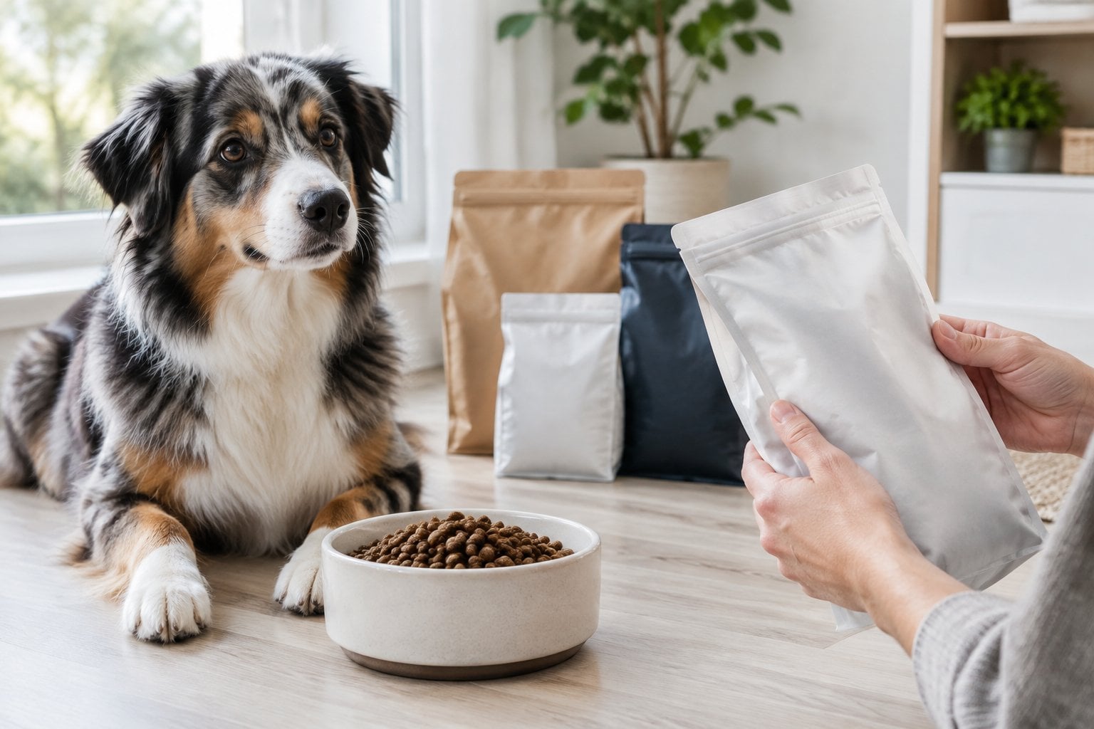 A dog sits beside a bowl of food and several pet-food packages.