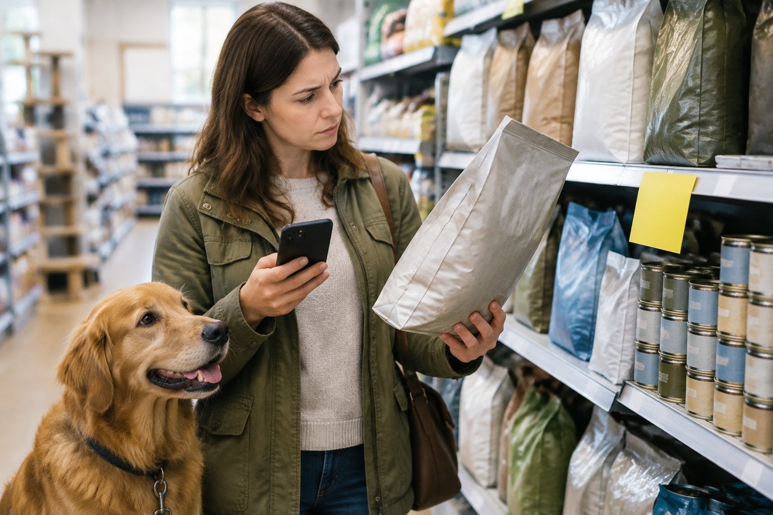 A shopper checks a bag of dog food while a dog sits beside them in a pet store.