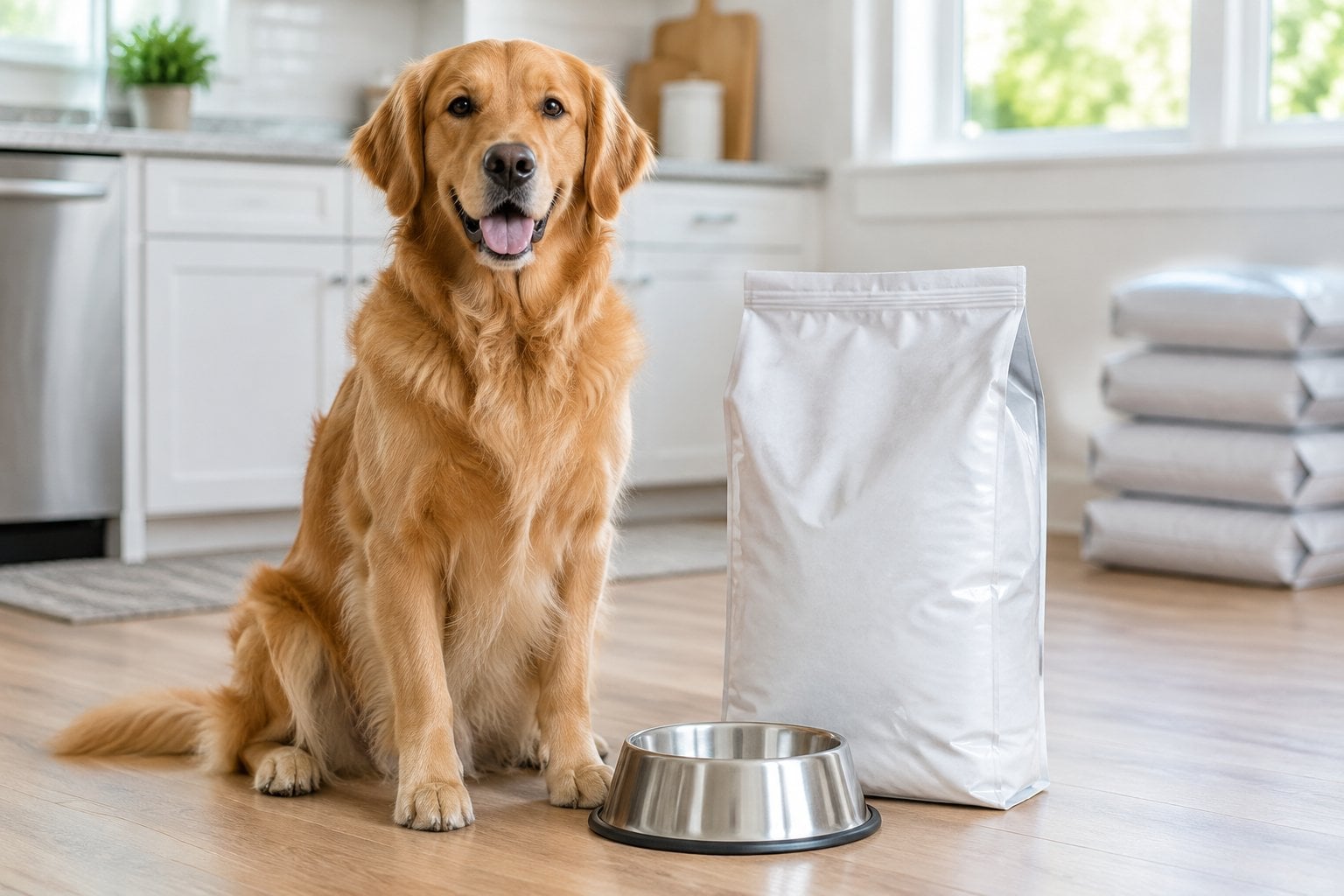 A golden retriever sits beside a bag of dog food and a stainless-steel bowl in a kitchen.