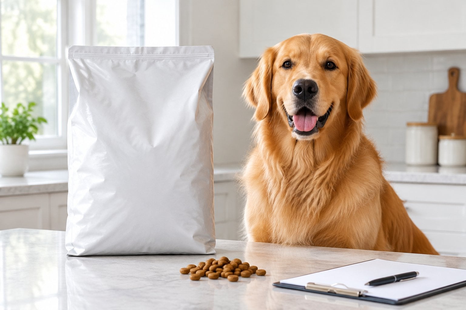 A golden retriever sits beside a bag of dog food in a kitchen.