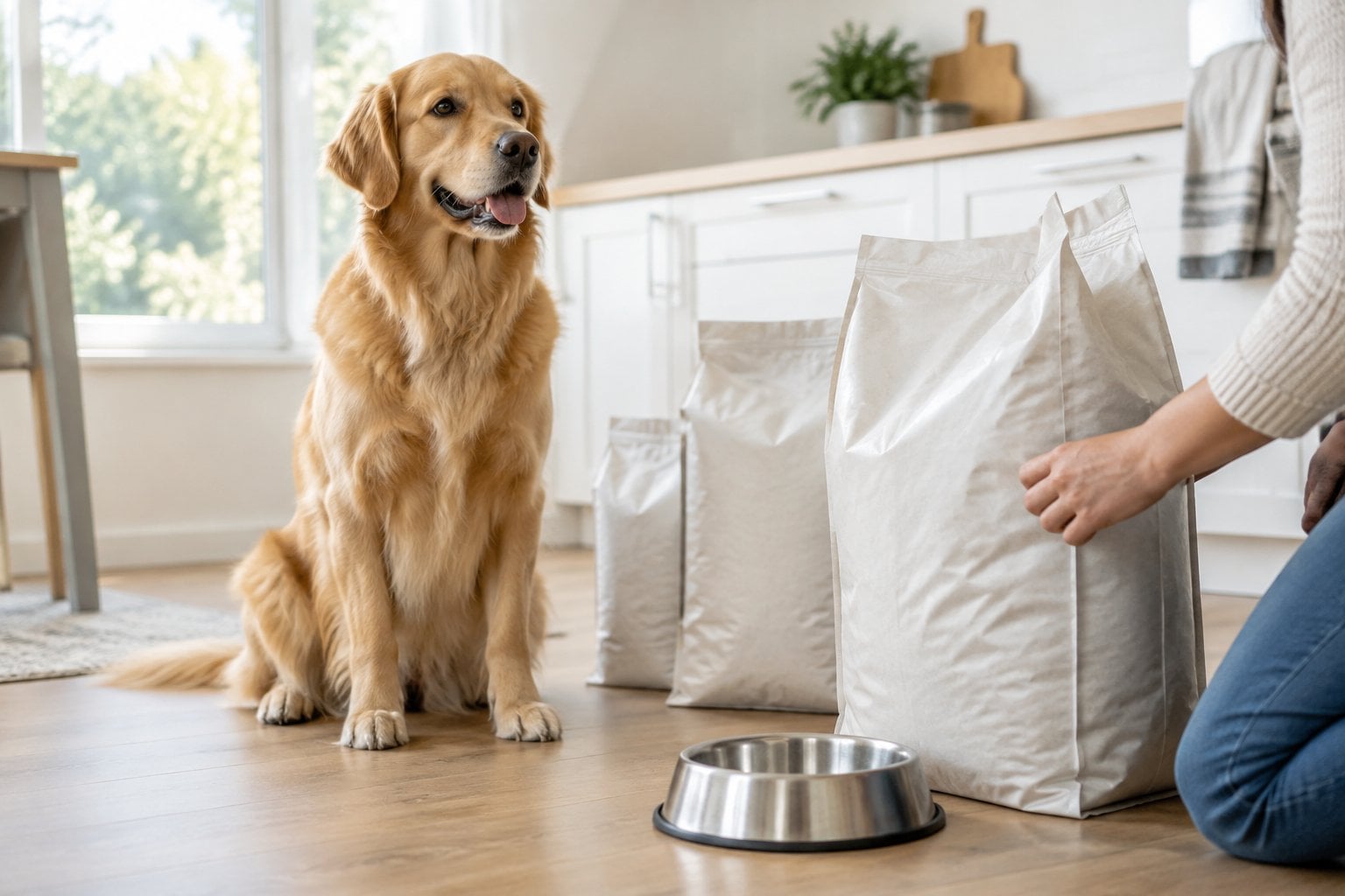 A dog sits beside unmarked food bags and a bowl as an owner checks the packaging.