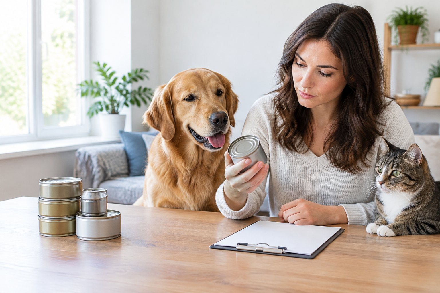 A dog owner checks a can of pet food beside a dog and cat.