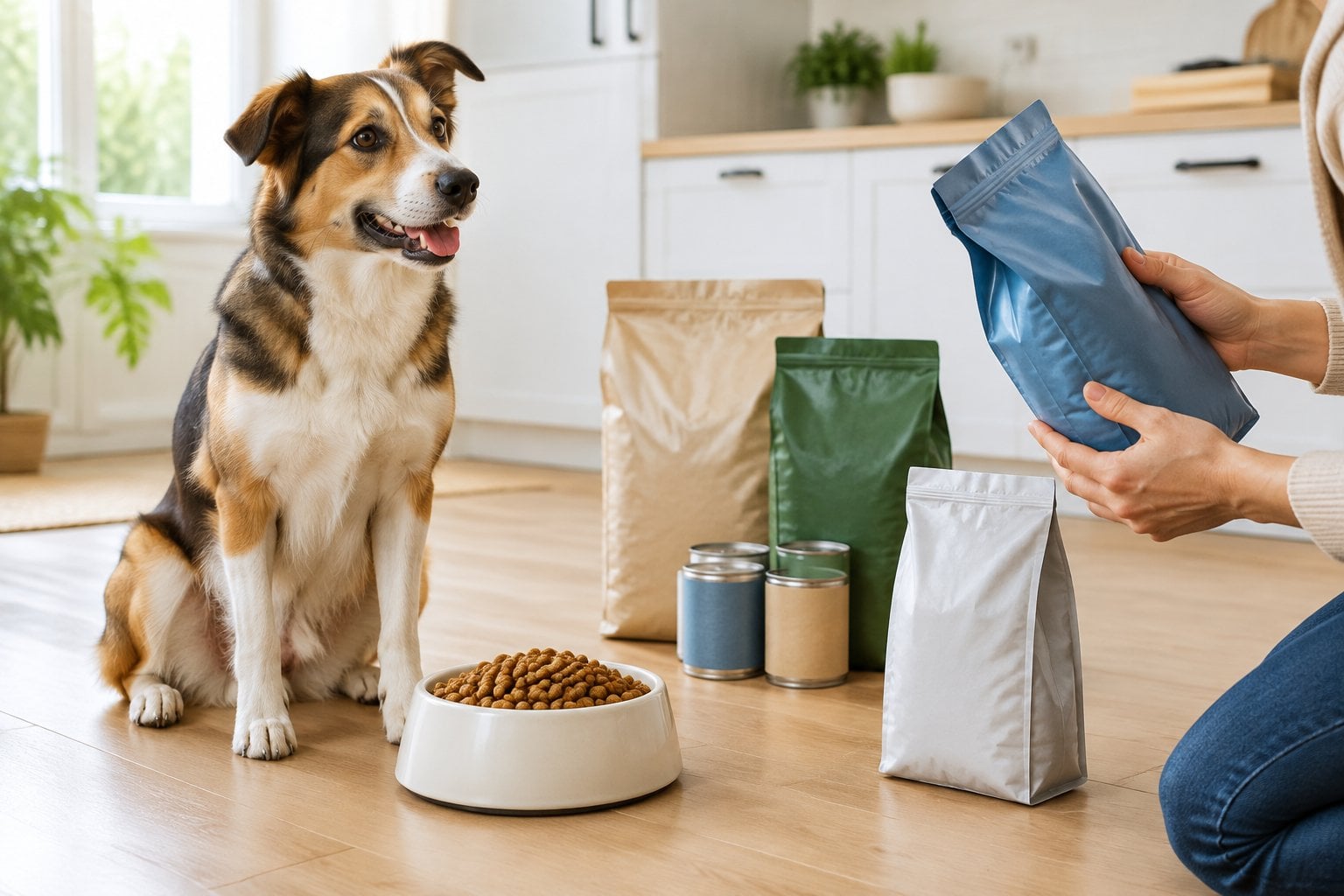 A dog sits beside a bowl of kibble as a person checks a pet food package.
