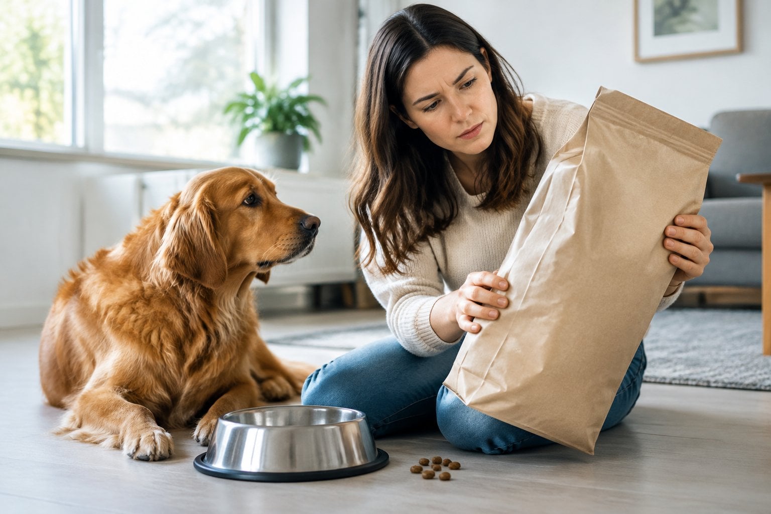 A dog owner checks a plain bag of dog food beside an attentive dog and its bowl.