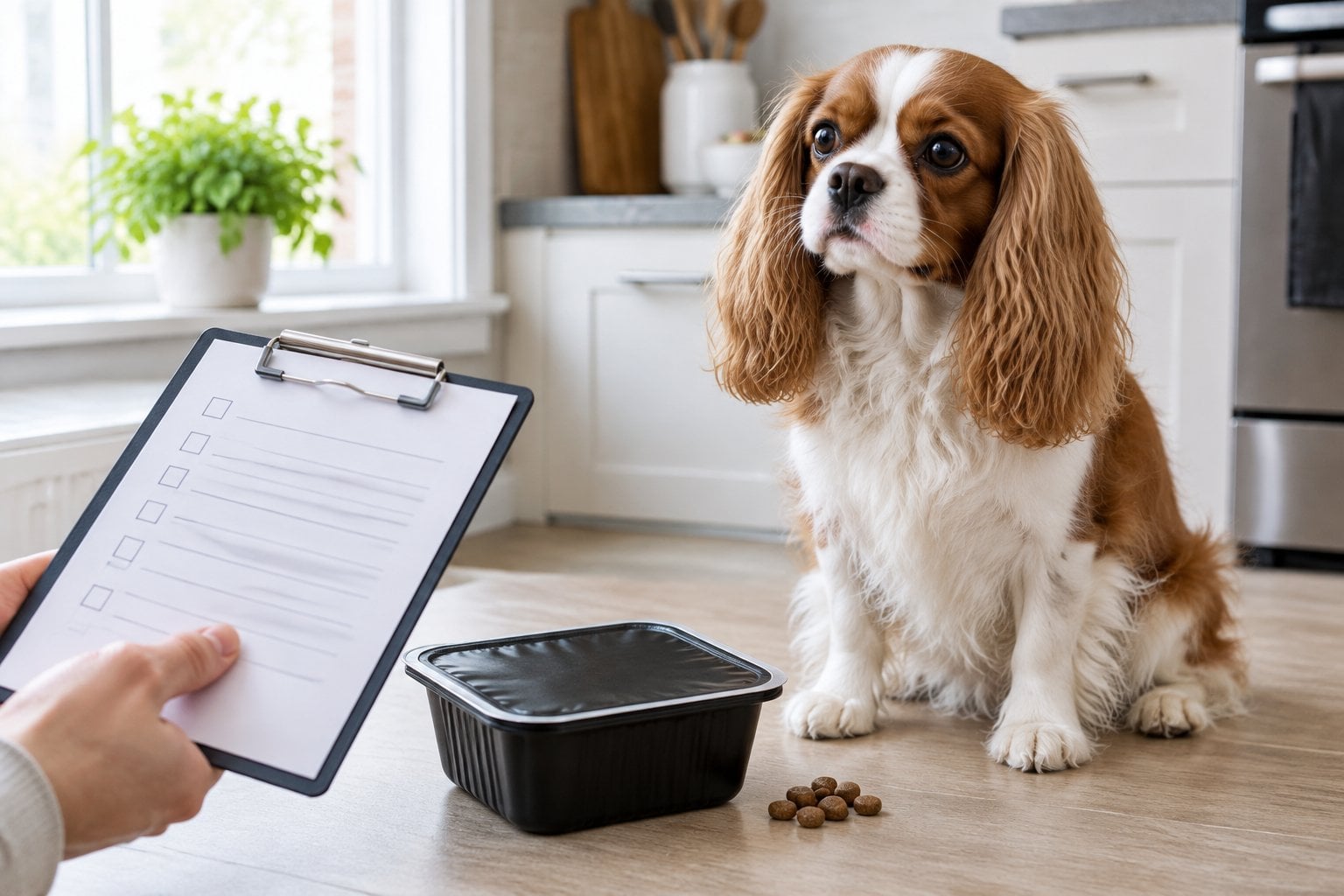 A small dog sits beside a tray of food as a person checks a blank inspection list.