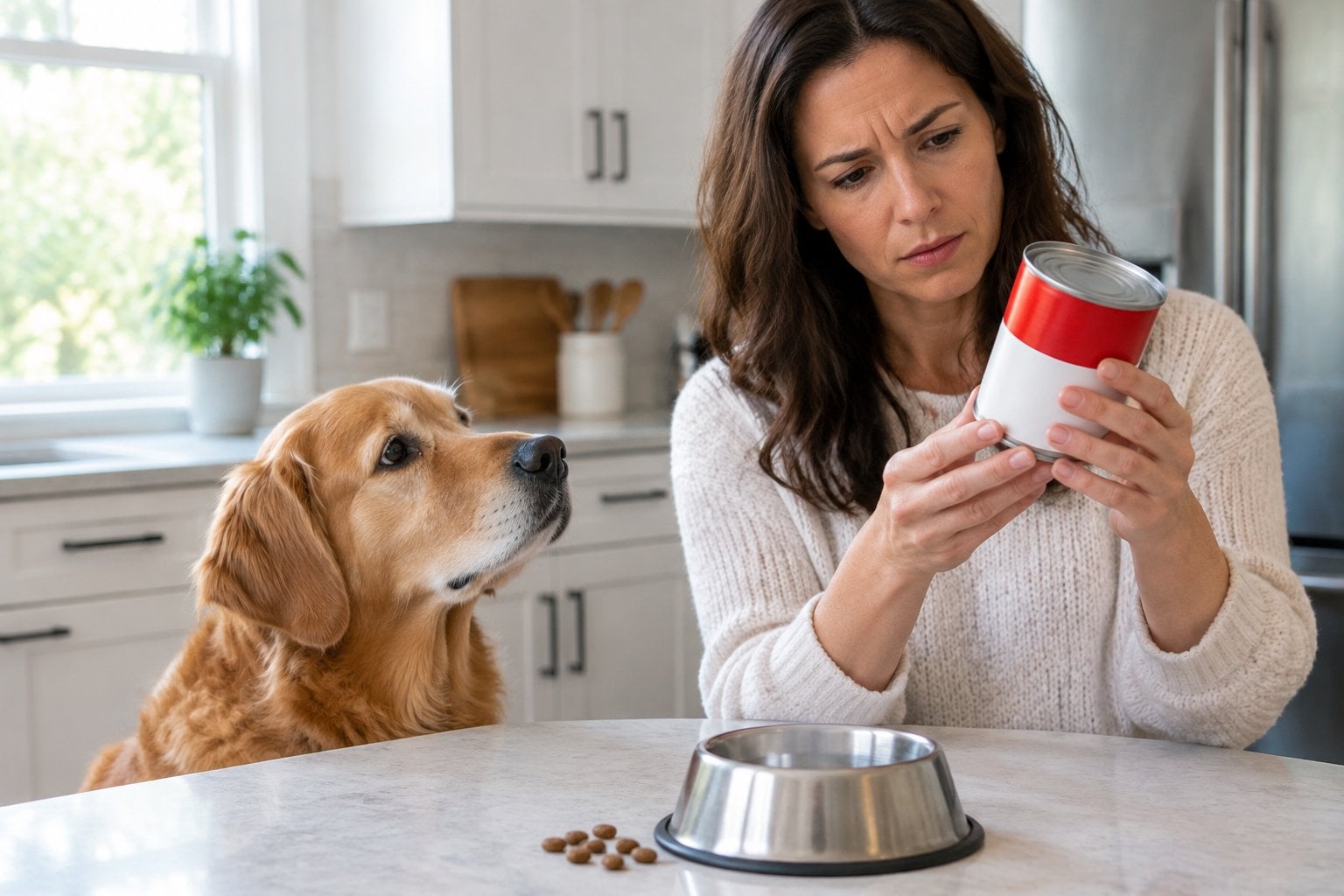 A dog owner examines a can of dog food while a dog sits nearby.