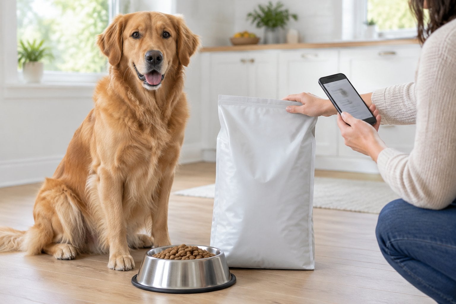 A dog sits beside a bag of food and a bowl as a person checks the package.