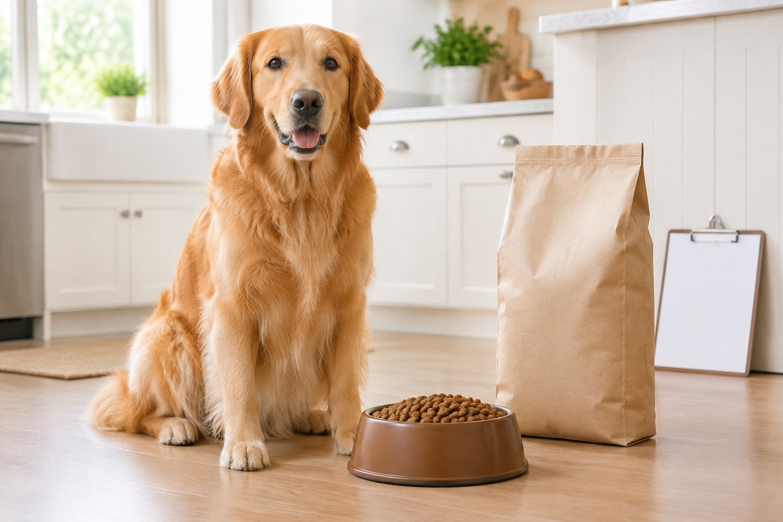 A golden retriever sits beside a bowl of kibble and a plain pet-food bag.