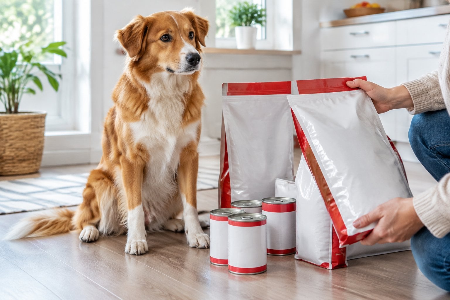 A dog sits beside unmarked bags and cans of food while an owner checks a package.