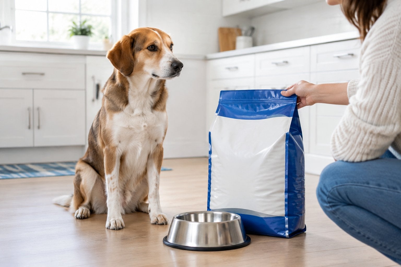 A dog sits beside a bag of food and a bowl while its owner checks the package.